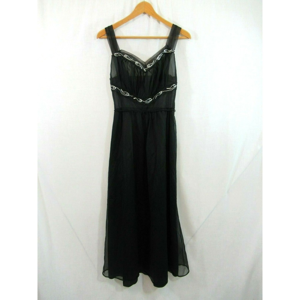 Vintage 50s Pandora Lingerie Rhinestone Embroidered Nightgown 34 Black Sheer